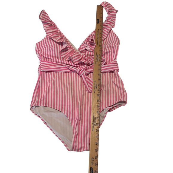 Vineyard Vines Pink  L Striped Ruffle One Piece Swimsuit Bow Tie Women's Size L - Picture 6 of 7